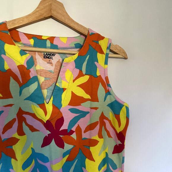 Lands' End colorful leaf print vneck sleeveless summer sundress women's S cotton - Picture 2 of 7